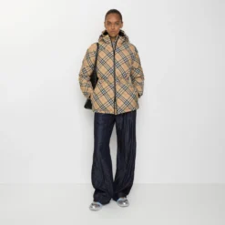 Check Nylon Hooded Puffer Jacket