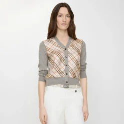 Check Panel Wool Silk Cardigan