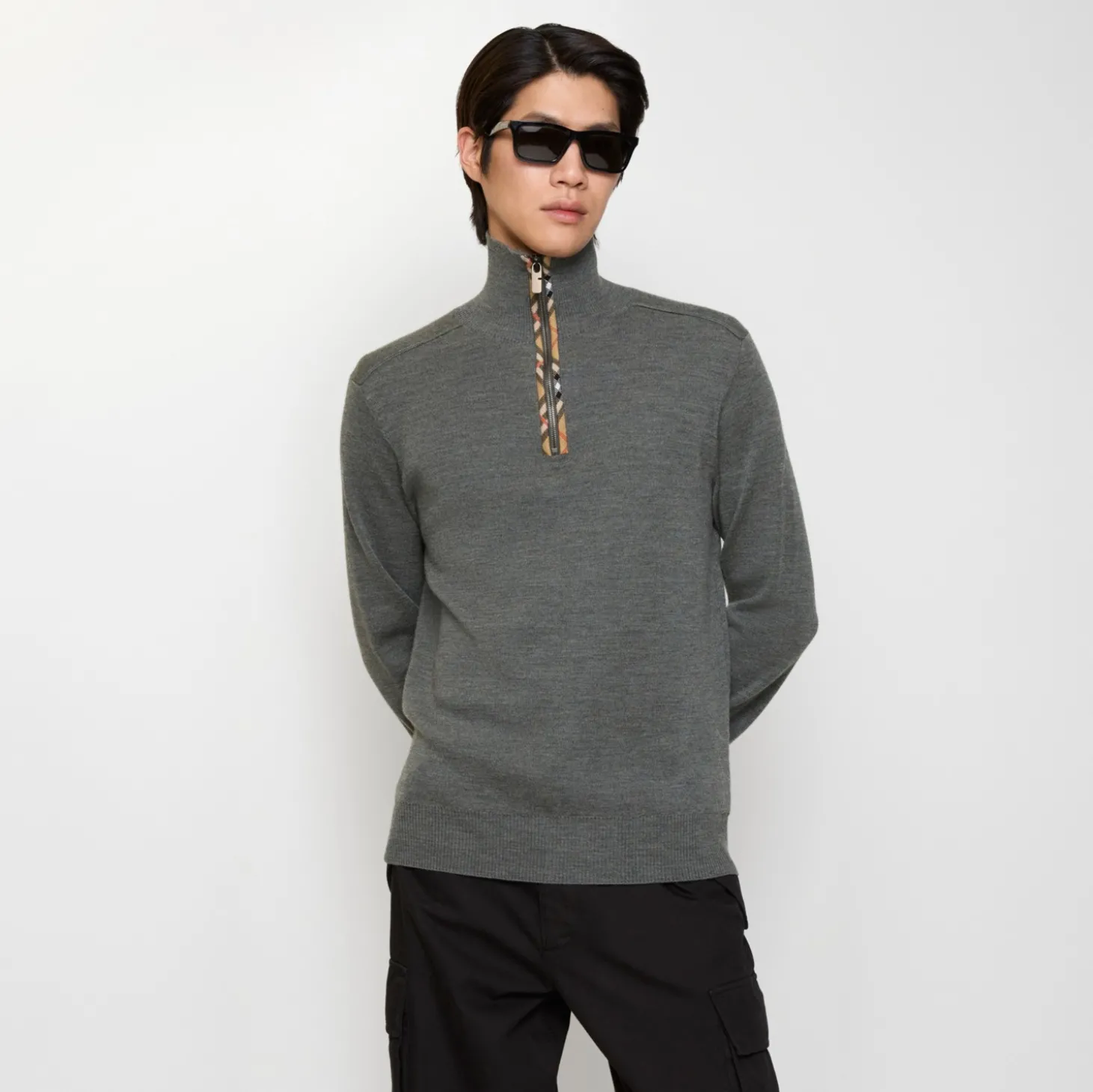 Check Trim Wool Half-zip Sweater