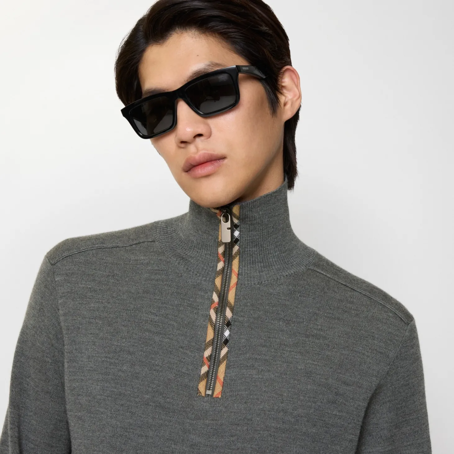 Check Trim Wool Half-zip Sweater