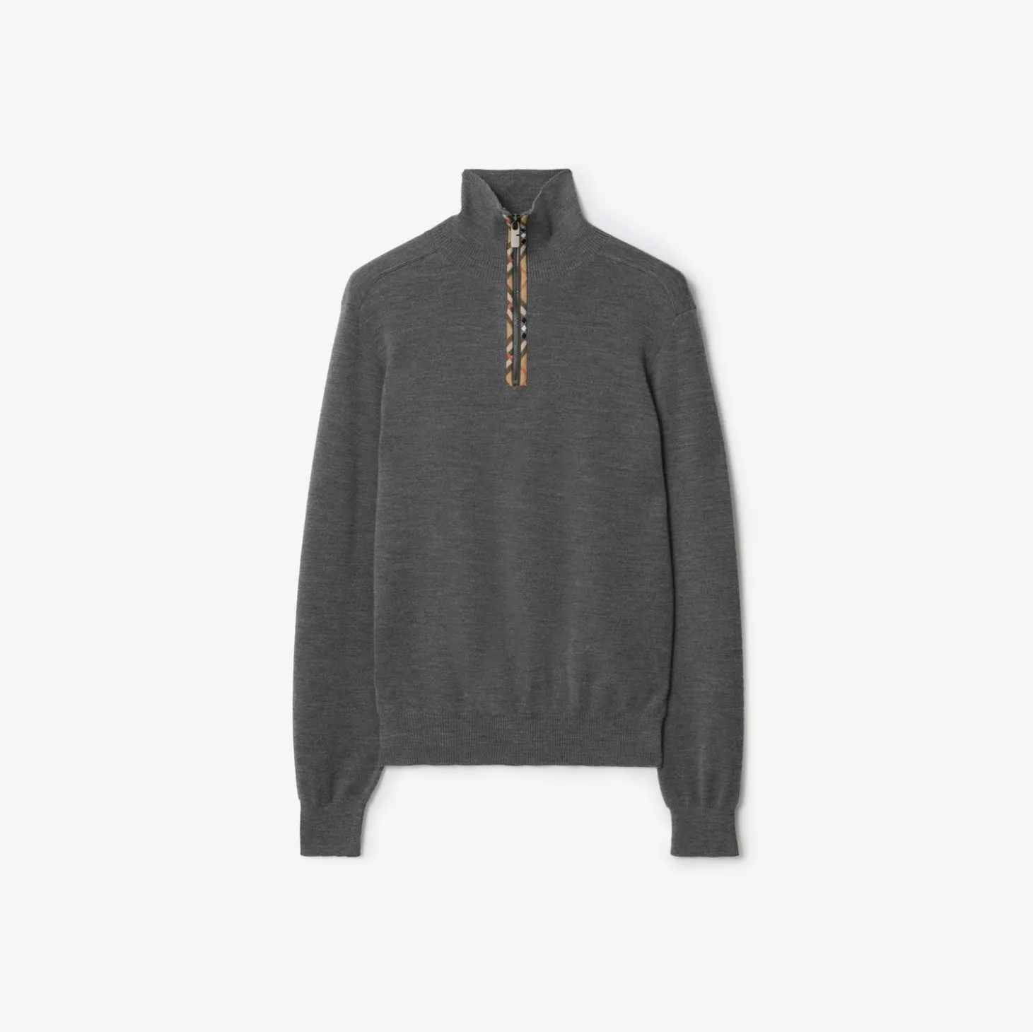 Check Trim Wool Half-zip Sweater