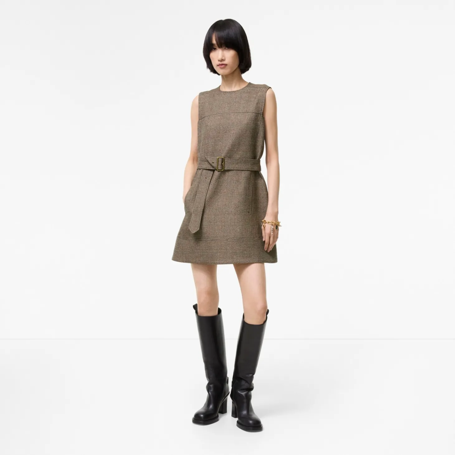 Check Wool Linen Blend Dress