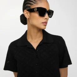 Check Wool Silk Polo Shirt Dress