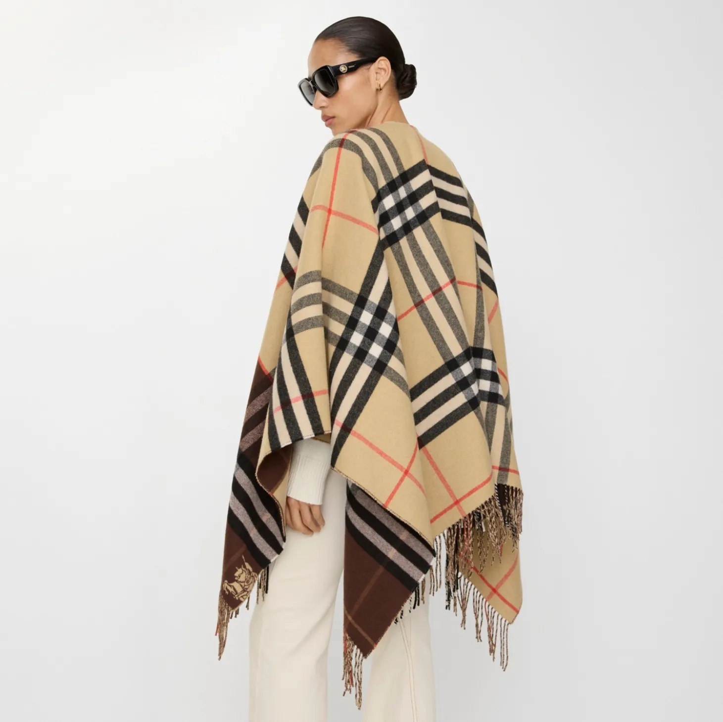 Contrast Check Cashmere Wool Cape