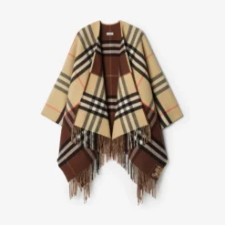Contrast Check Cashmere Wool Cape
