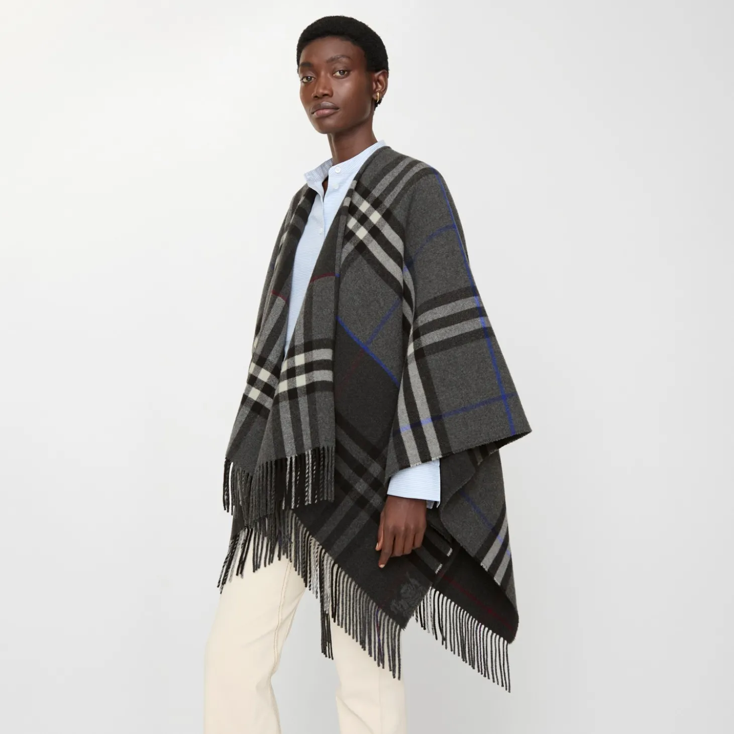 Contrast Check Cashmere Wool Cape