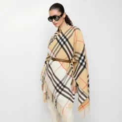 Contrast Check Cashmere Wool Cape