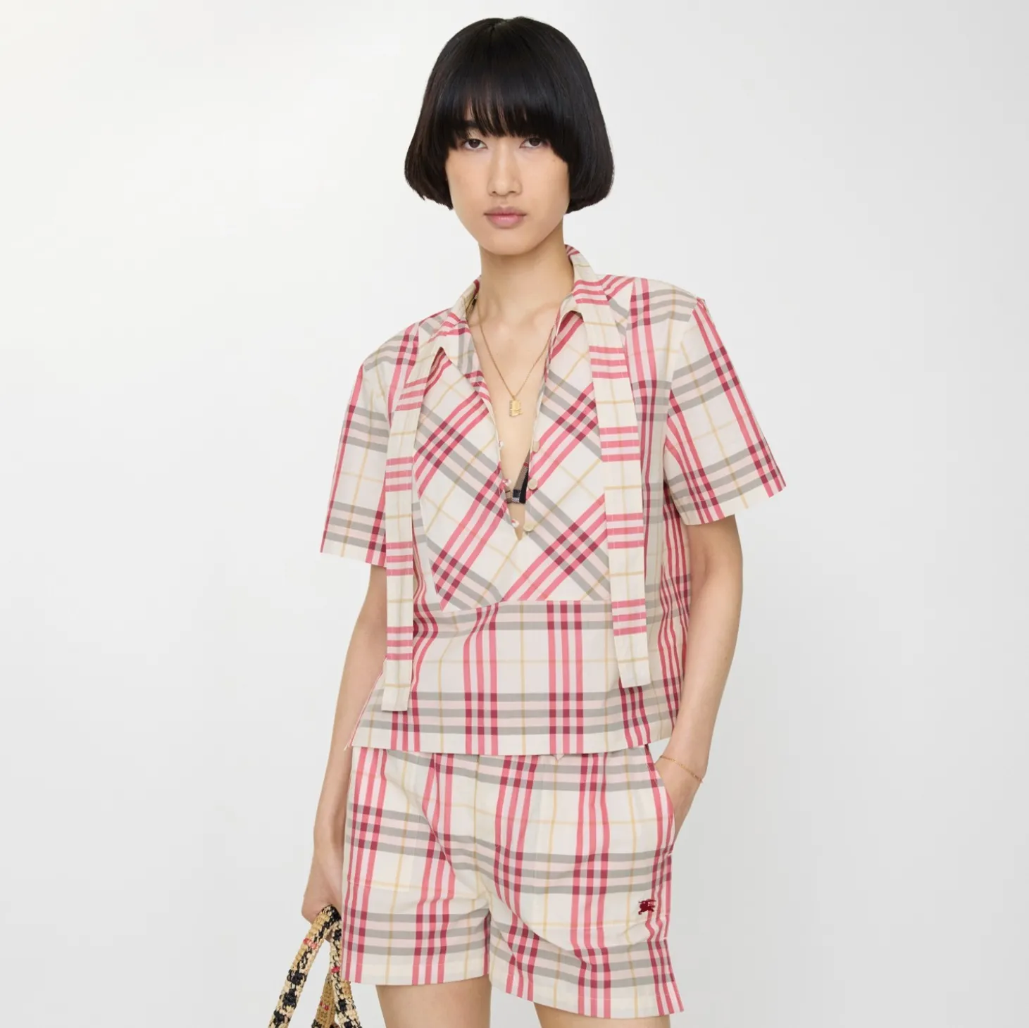 Cropped Check Cotton Scarf Blouse