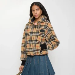 Cropped Check Fleece Hooded Jacket
