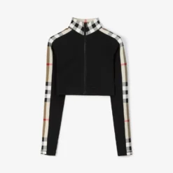 Cropped Check Trim Stretch Jersey Zip Top