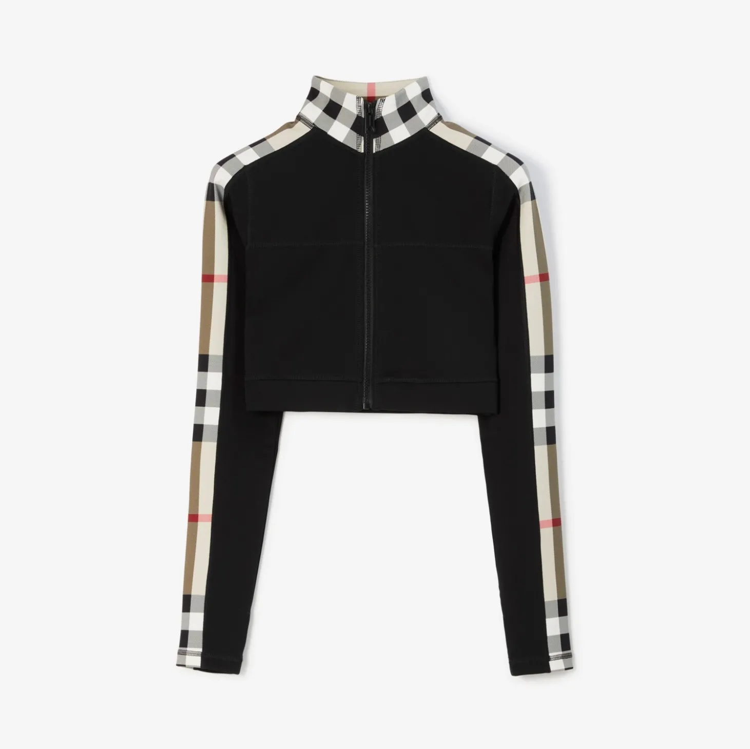 Cropped Check Trim Stretch Jersey Zip Top