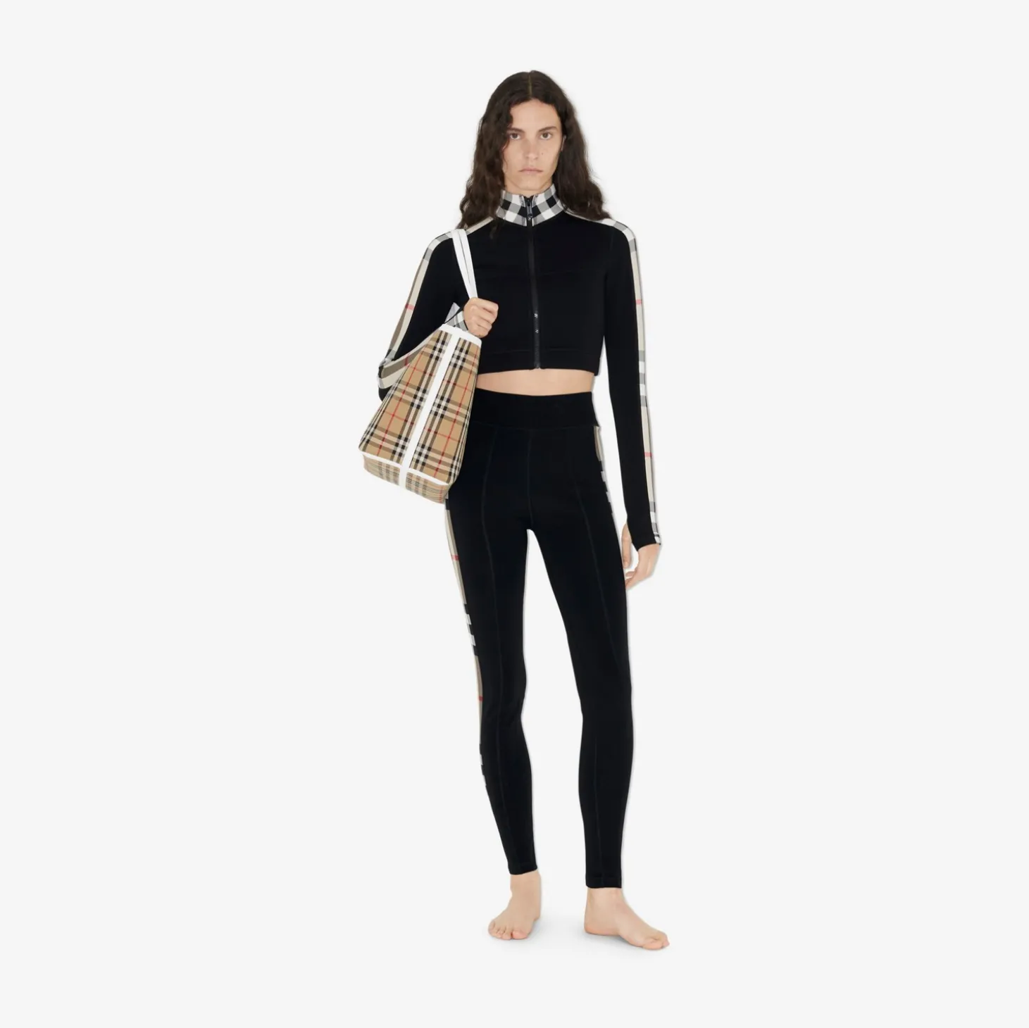 Cropped Check Trim Stretch Jersey Zip Top