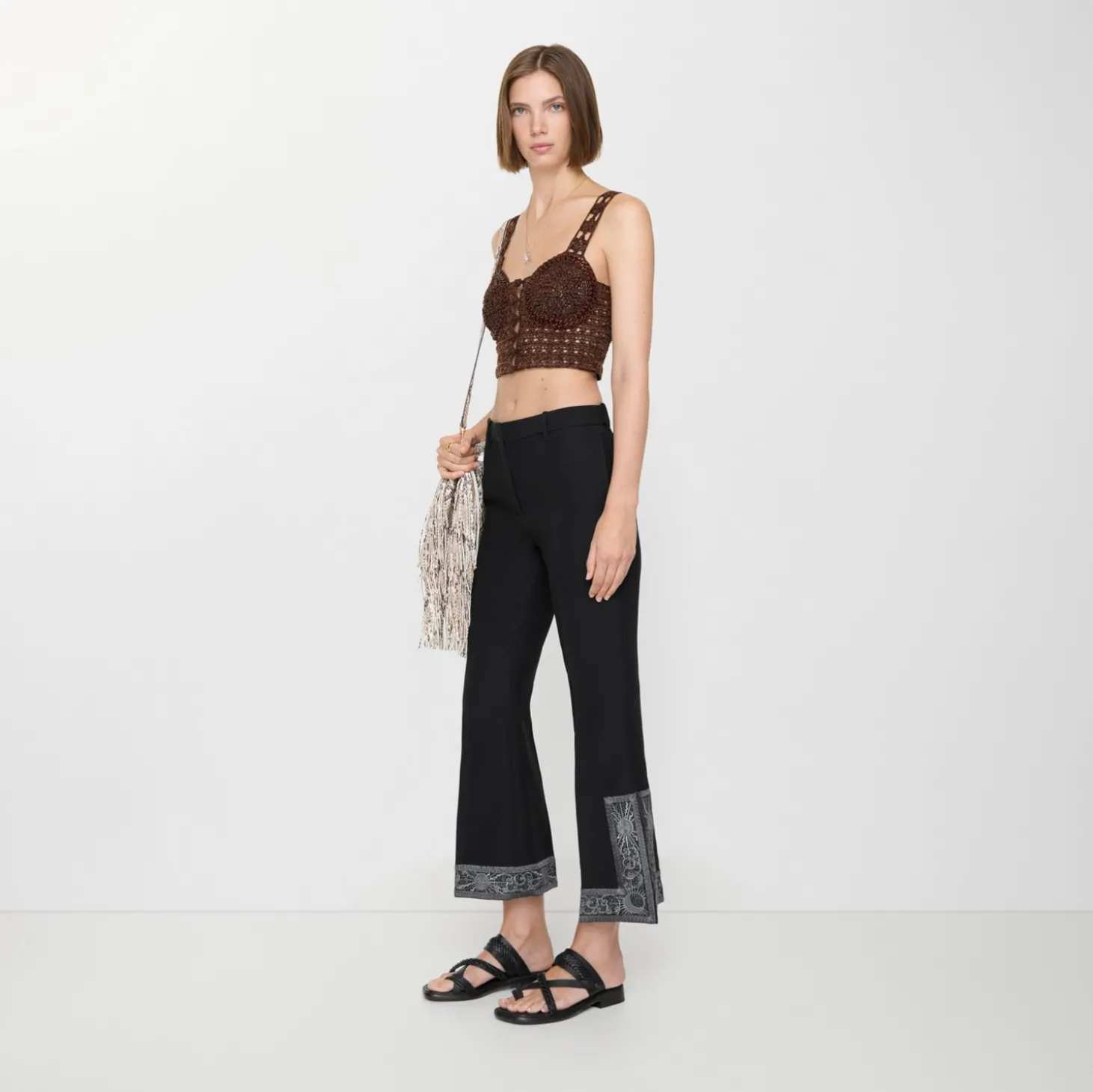 Cropped Embroidered Wool Silk Flared Trousers
