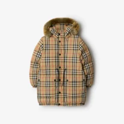 Faux Fur Trim Check Nylon Puffer Coat