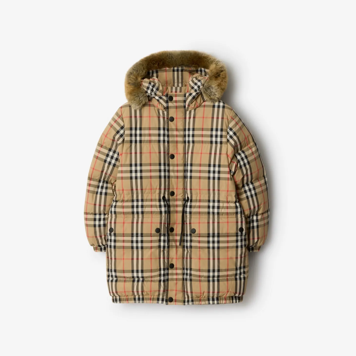 Faux Fur Trim Check Nylon Puffer Coat