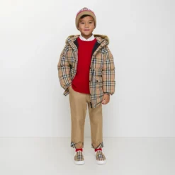 Faux Fur Trim Check Nylon Puffer Coat