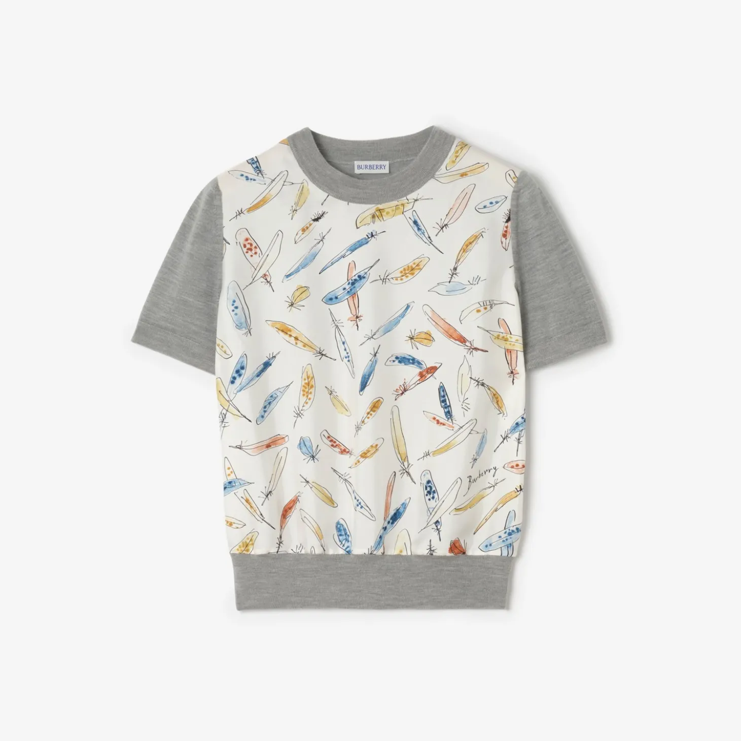 Feather Print Panel Wool Silk T-shirt