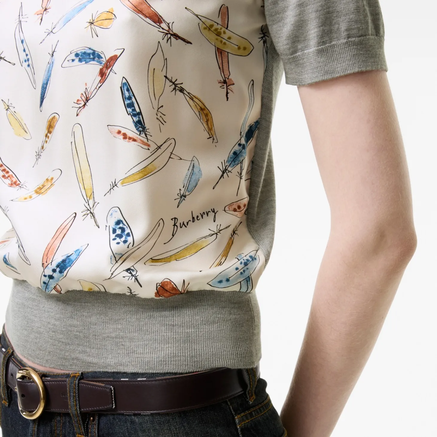Feather Print Panel Wool Silk T-shirt