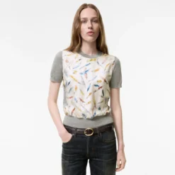 Feather Print Panel Wool Silk T-shirt