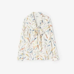 Feather Print Silk Scarf Blouse