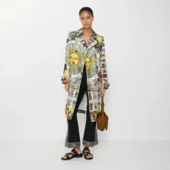 Long Tarot Print Silk Foxfield Trench Coat