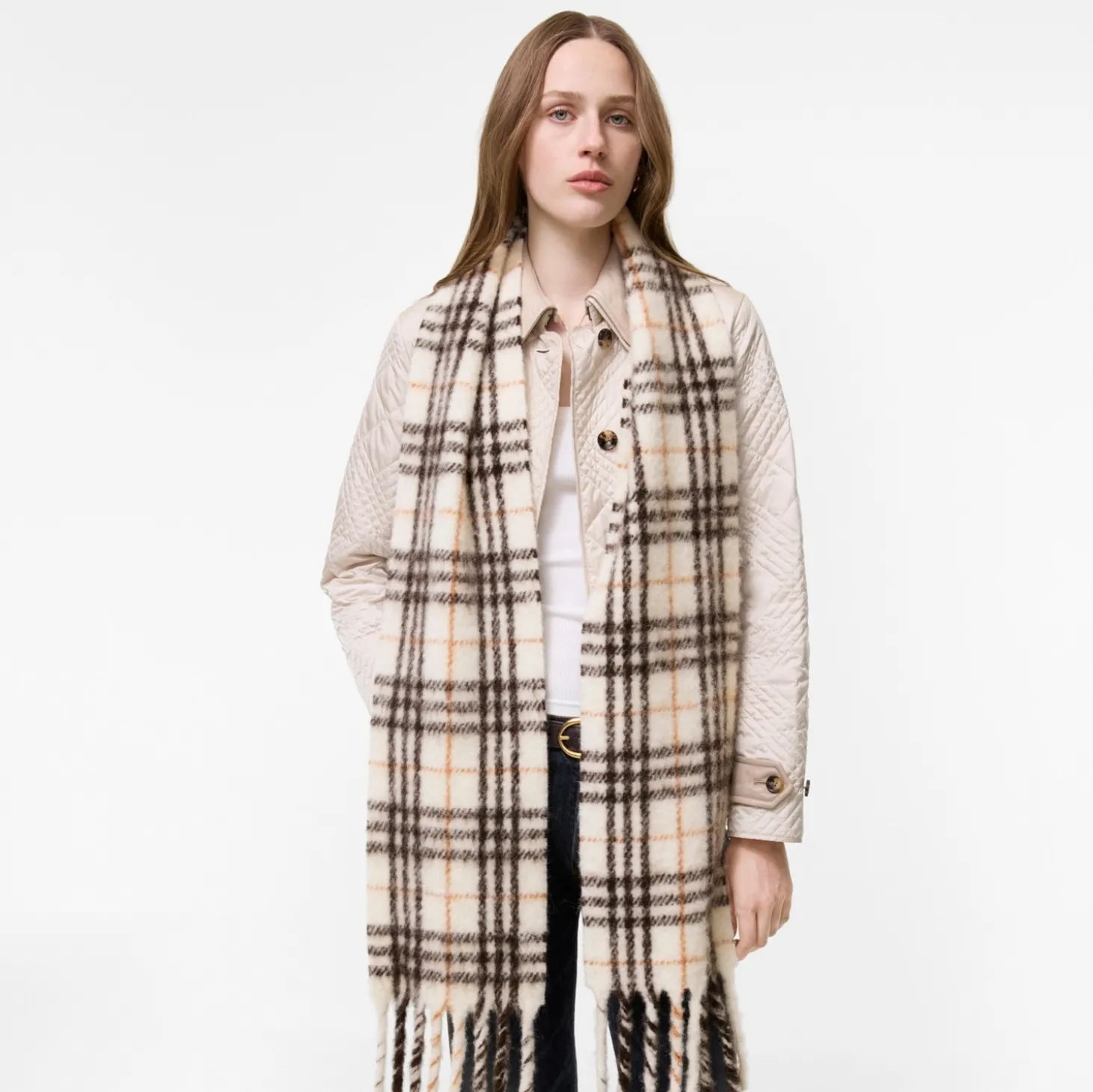 Narrow Check Alpaca Wool Blend Scarf