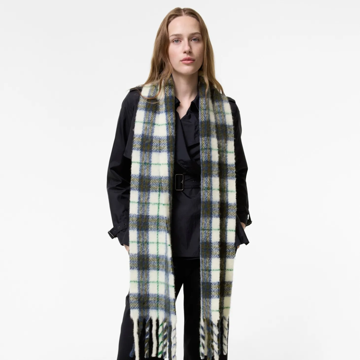 Narrow Check Alpaca Wool Blend Scarf