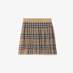 Pleated Check Wool Blend Skirt