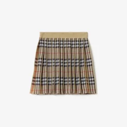 Pleated Check Wool Blend Skirt
