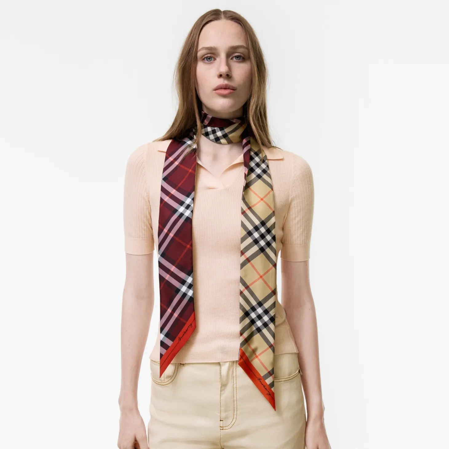Skinny Contrast Check Silk Scarf