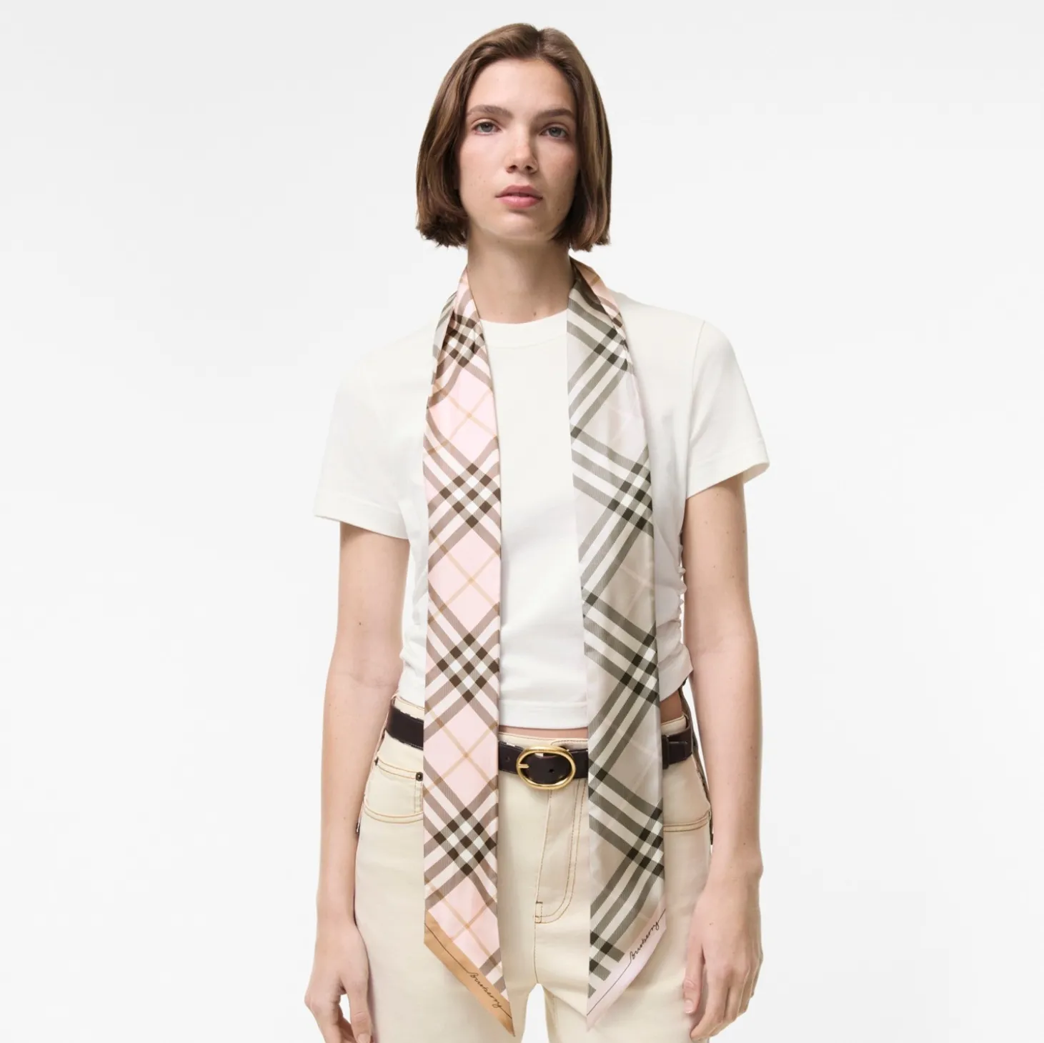 Skinny Contrast Check Silk Scarf