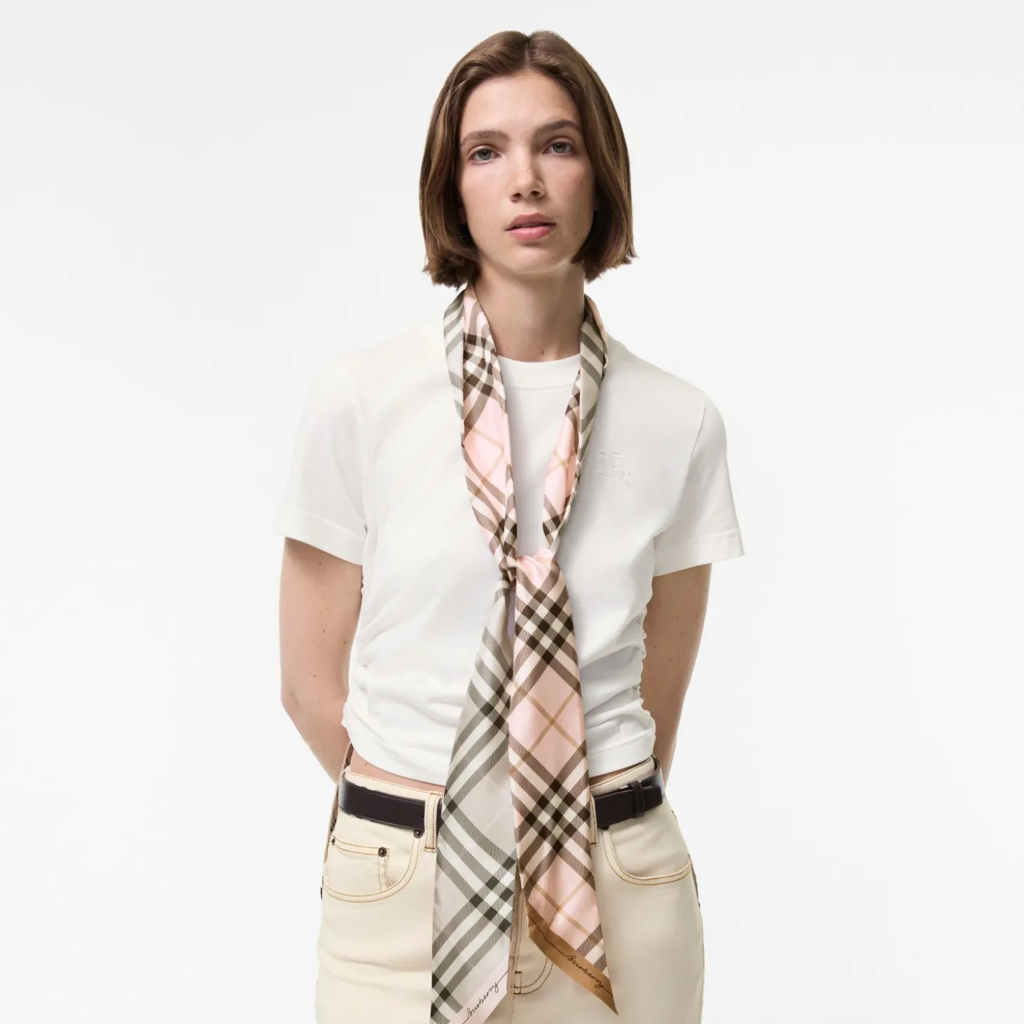 Skinny Contrast Check Silk Scarf