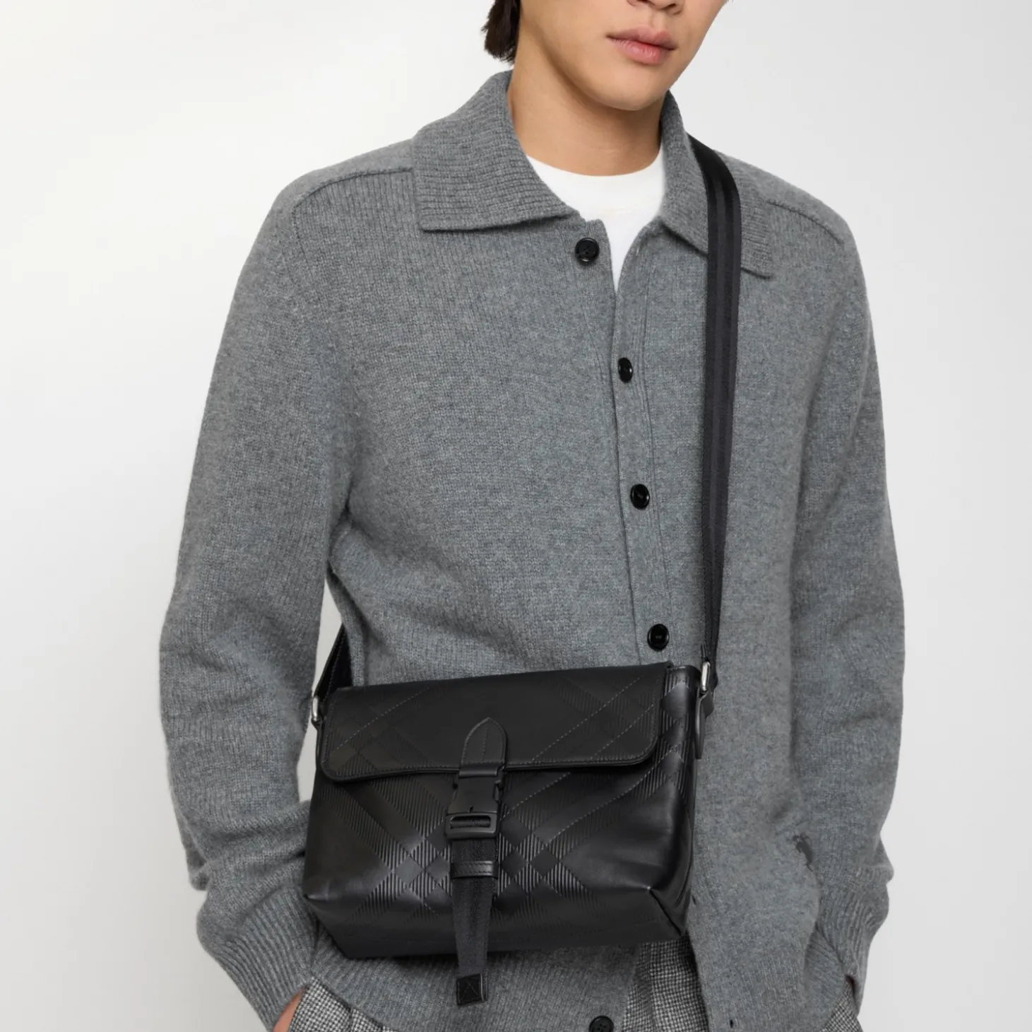 Small Embossed Check Buckled Messenger Bag