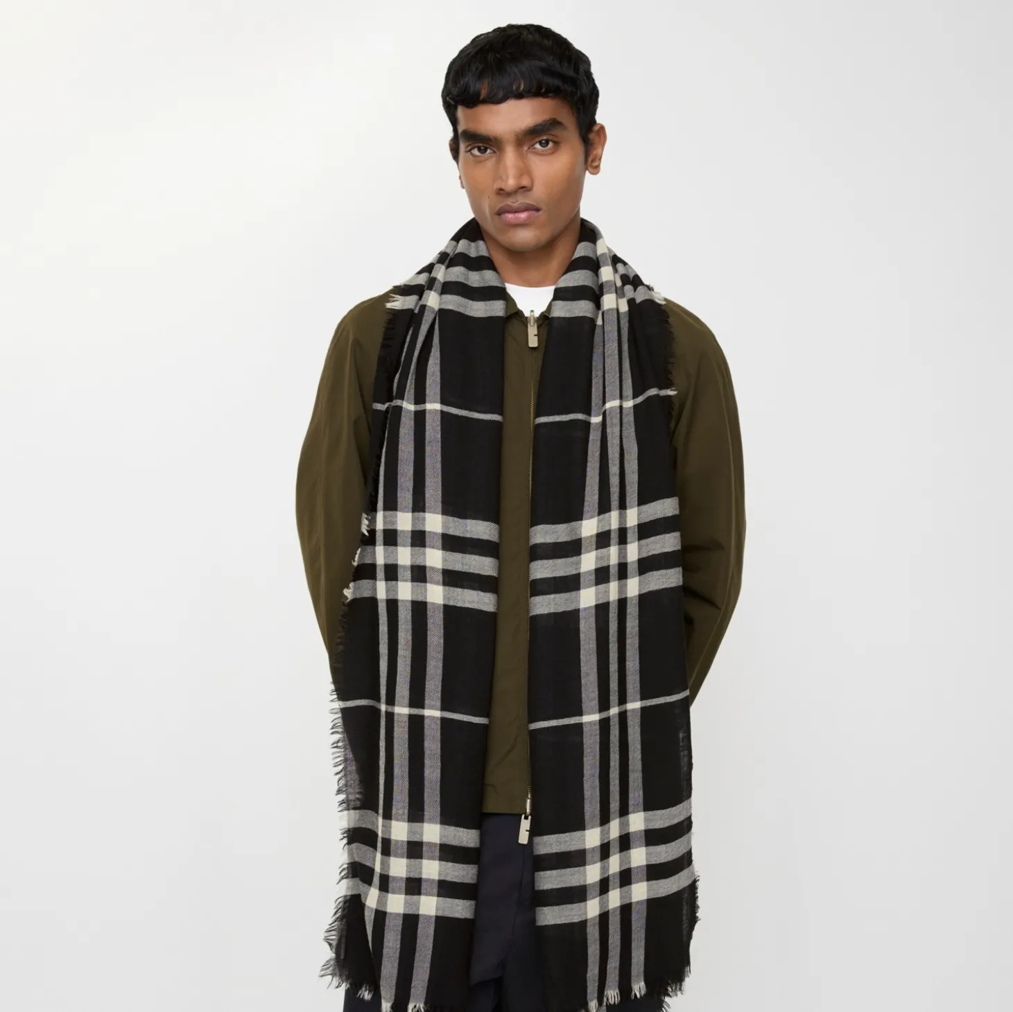 Wide Check Wool Scarf