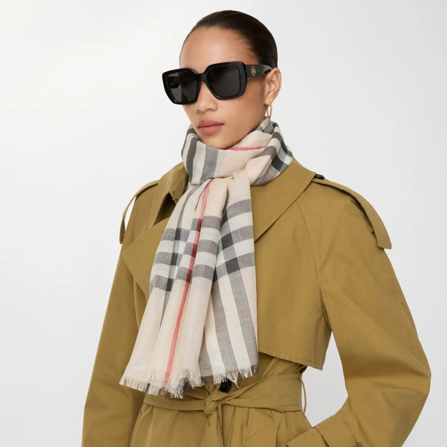 Wide Check Wool Silk Scarf