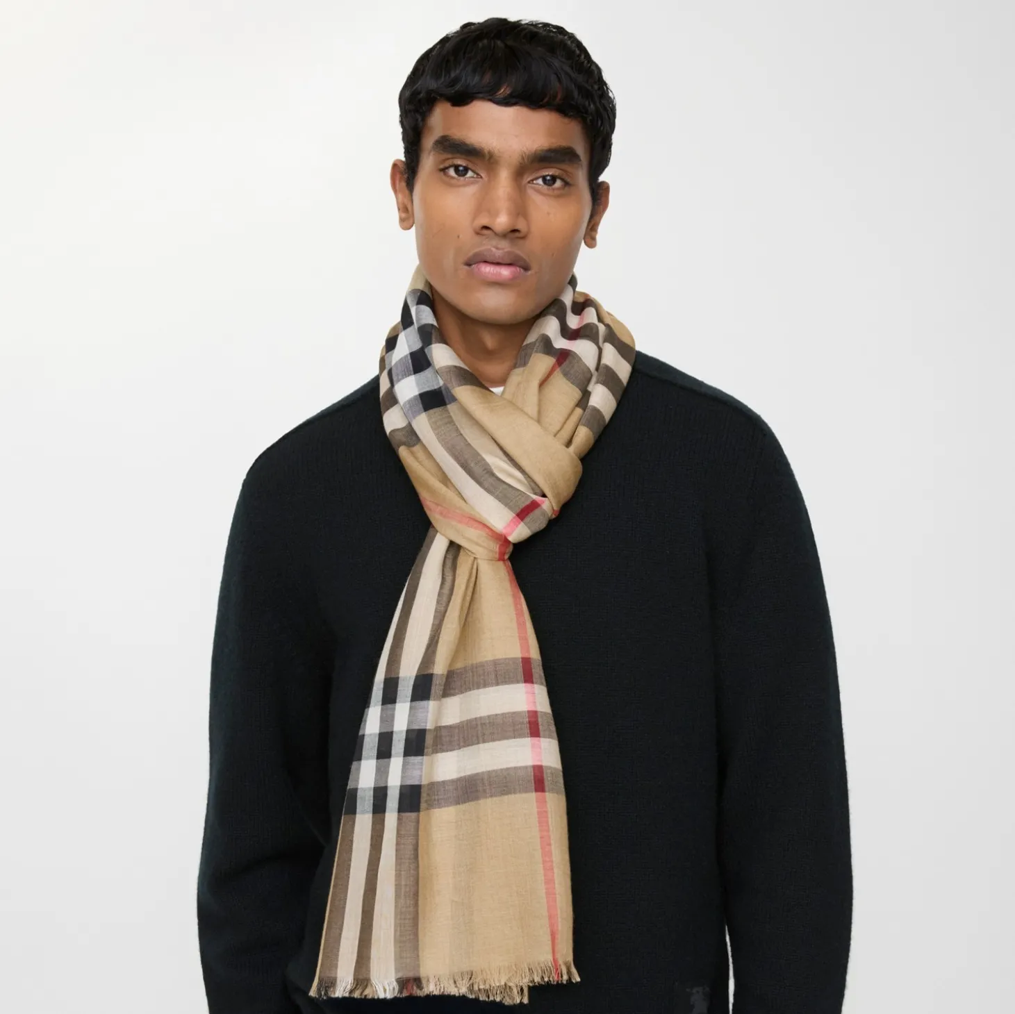 Wide Check Wool Silk Scarf