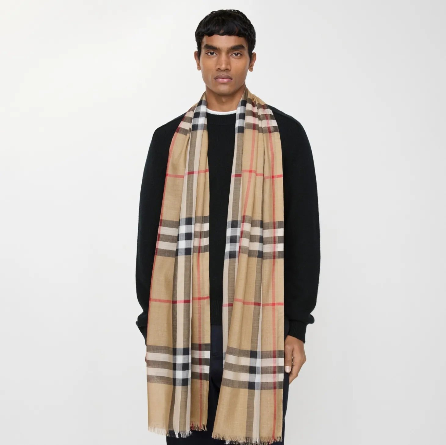 Wide Check Wool Silk Scarf