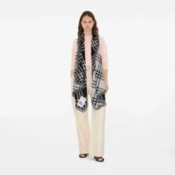 Wide Check Wool Silk Scarf