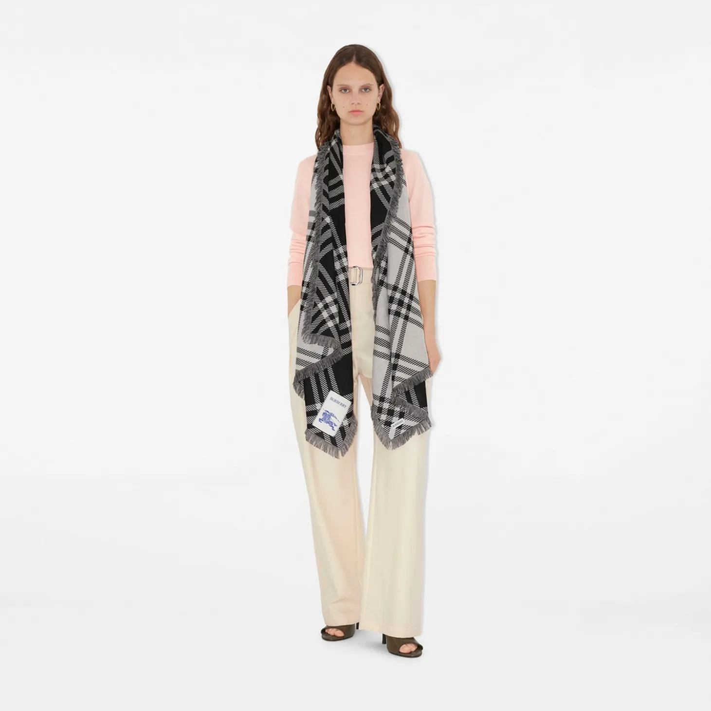 Wide Check Wool Silk Scarf