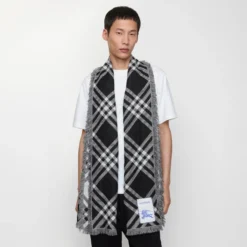 Wide Check Wool Silk Scarf