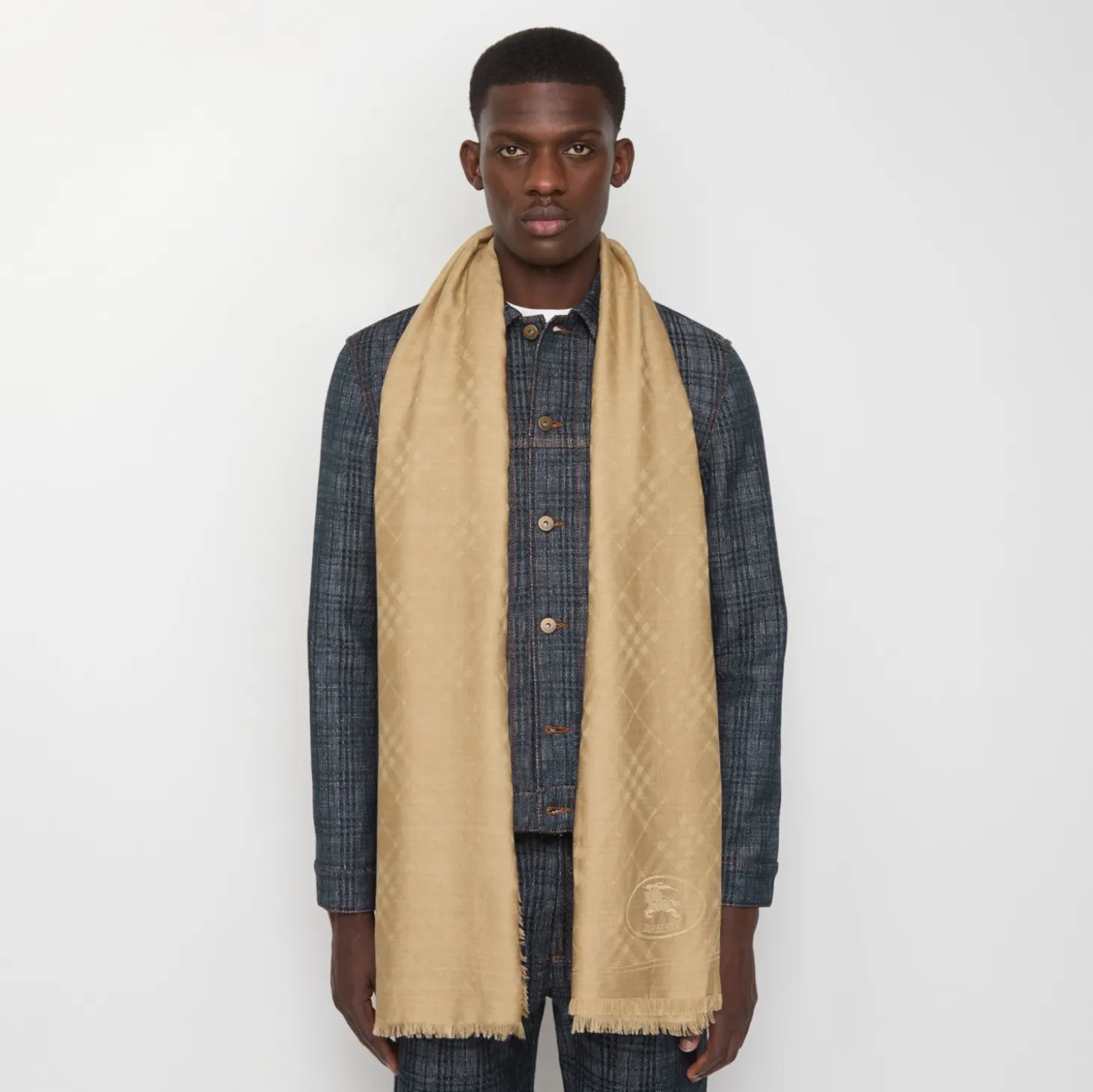 Wide Check Wool Silk Scarf