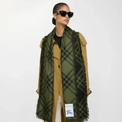 Wide Check Wool Silk Scarf