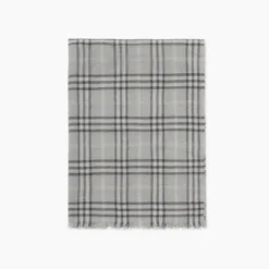 Wide Embellished Check Wool Silk Blend Scarf
