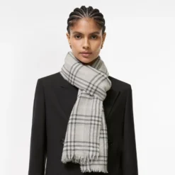 Wide Embellished Check Wool Silk Blend Scarf
