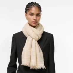 Wide Embellished Check Wool Silk Blend Scarf