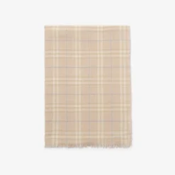 Wide Embellished Check Wool Silk Blend Scarf