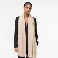 Wide Embellished Check Wool Silk Blend Scarf