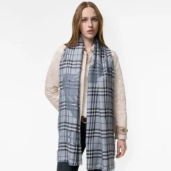 Wide Knight Check Wool Silk Scarf