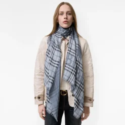 Wide Knight Check Wool Silk Scarf
