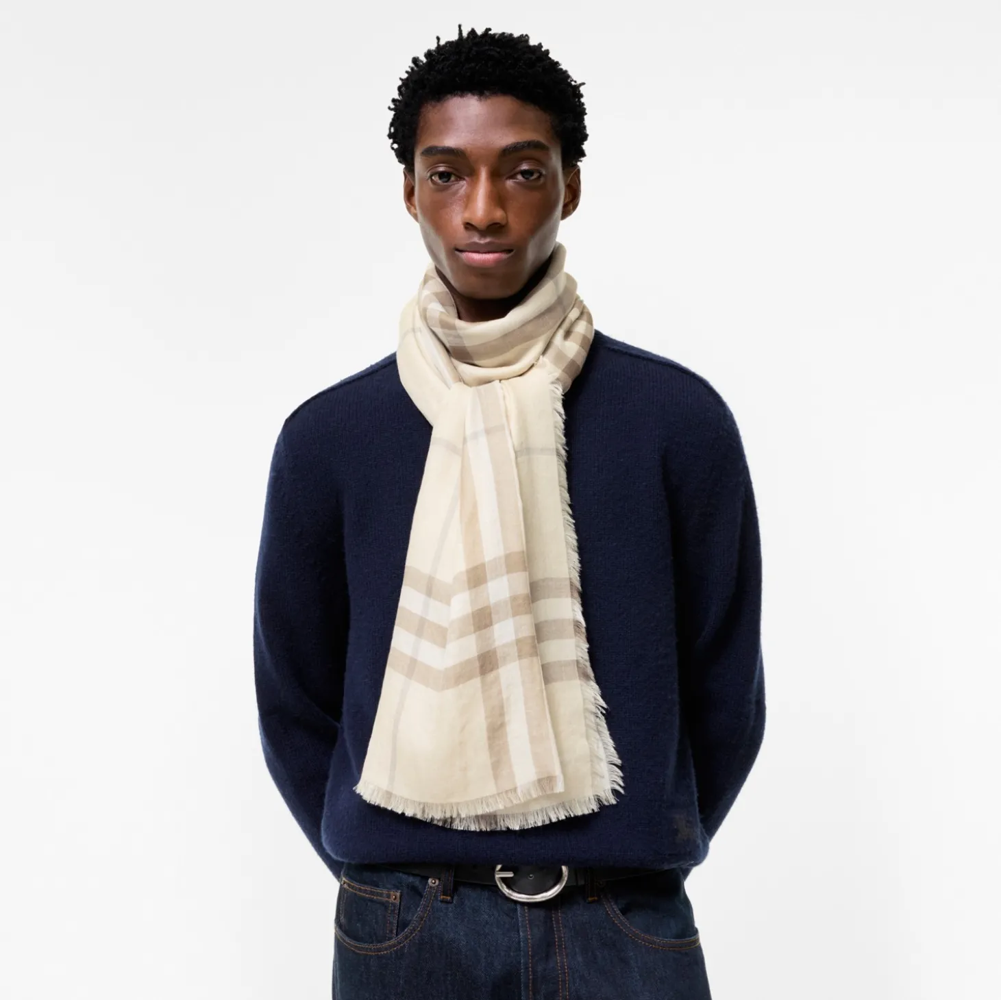 Wide Reversible Check Wool Silk Scarf